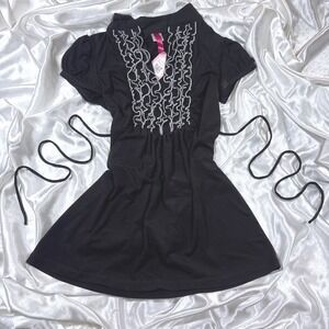 y2k Tunic Top Black NWT Ruffle Trim Empire Waist Ties Short Sleeve S